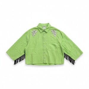 Prezzia Vintage Lime Green Fringe Sequin Cropped Shirt, Women's Medium, 3-415 US